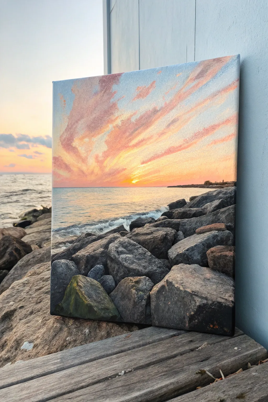 Chunky dark shoreline rocks kissed by sunrise glow, minimalist boho canvas inspiration.