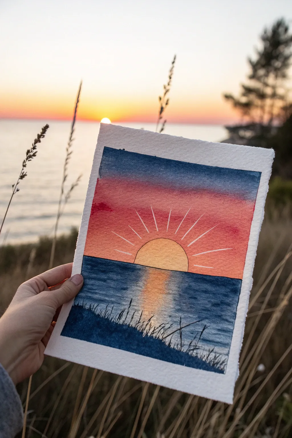 Soft sunbeams through a hazy horizon, painted in bold sunset gradients for calm minimal vibes