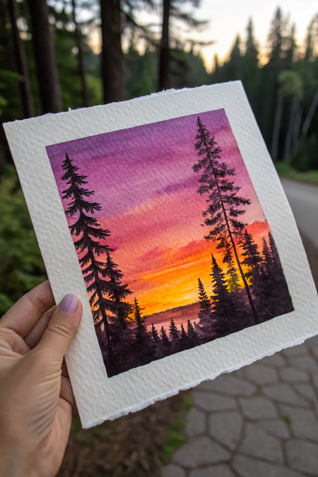 Minimalist sunset painting idea: dark pines framing a vivid glowing horizon window