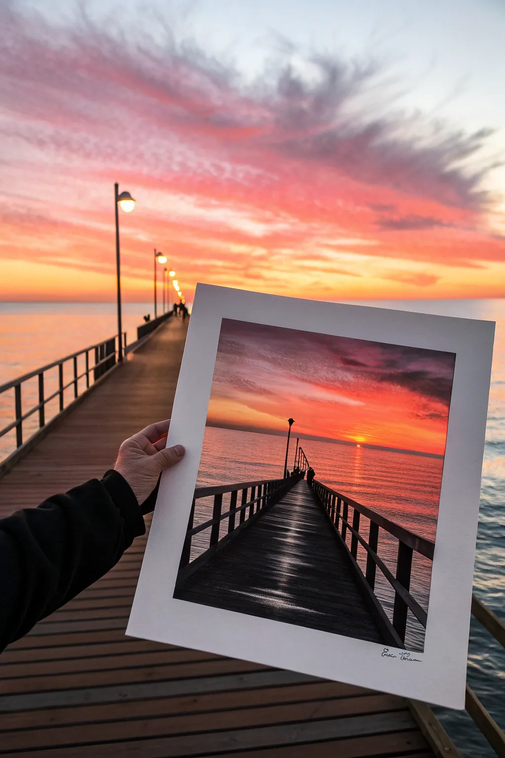 Minimal pier post silhouettes in bold black over a glowing sunset ocean gradient, simple and striking