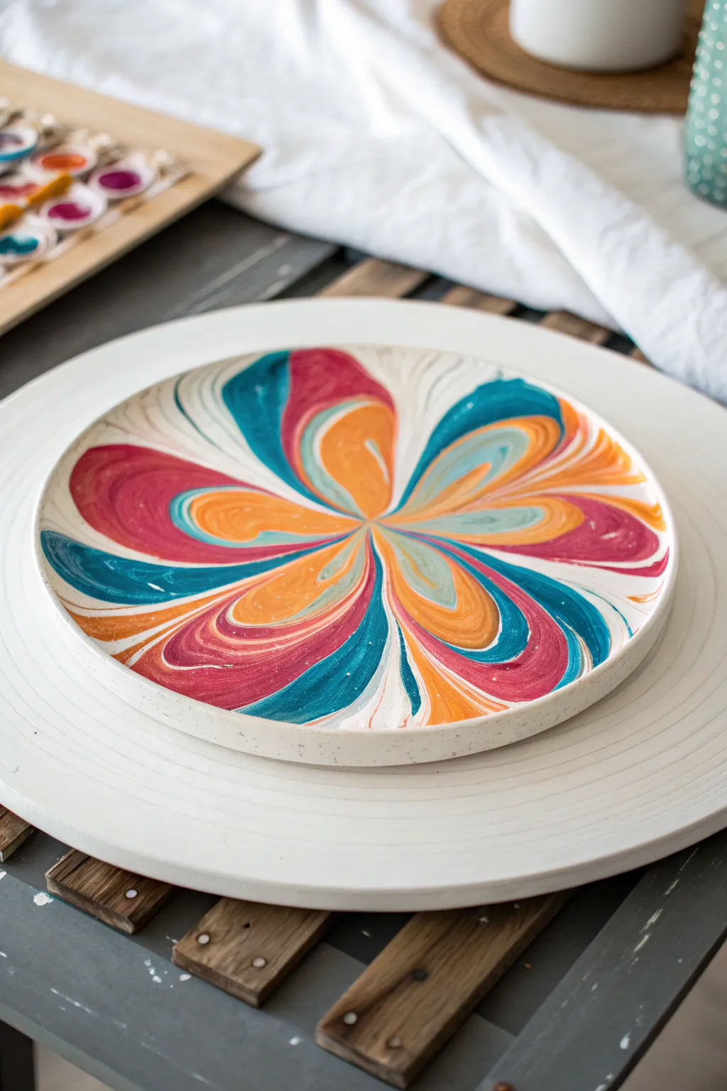 Spin-and-set swirl: bold centrifugal rings on a clean round canvas, minimalist boho contrast