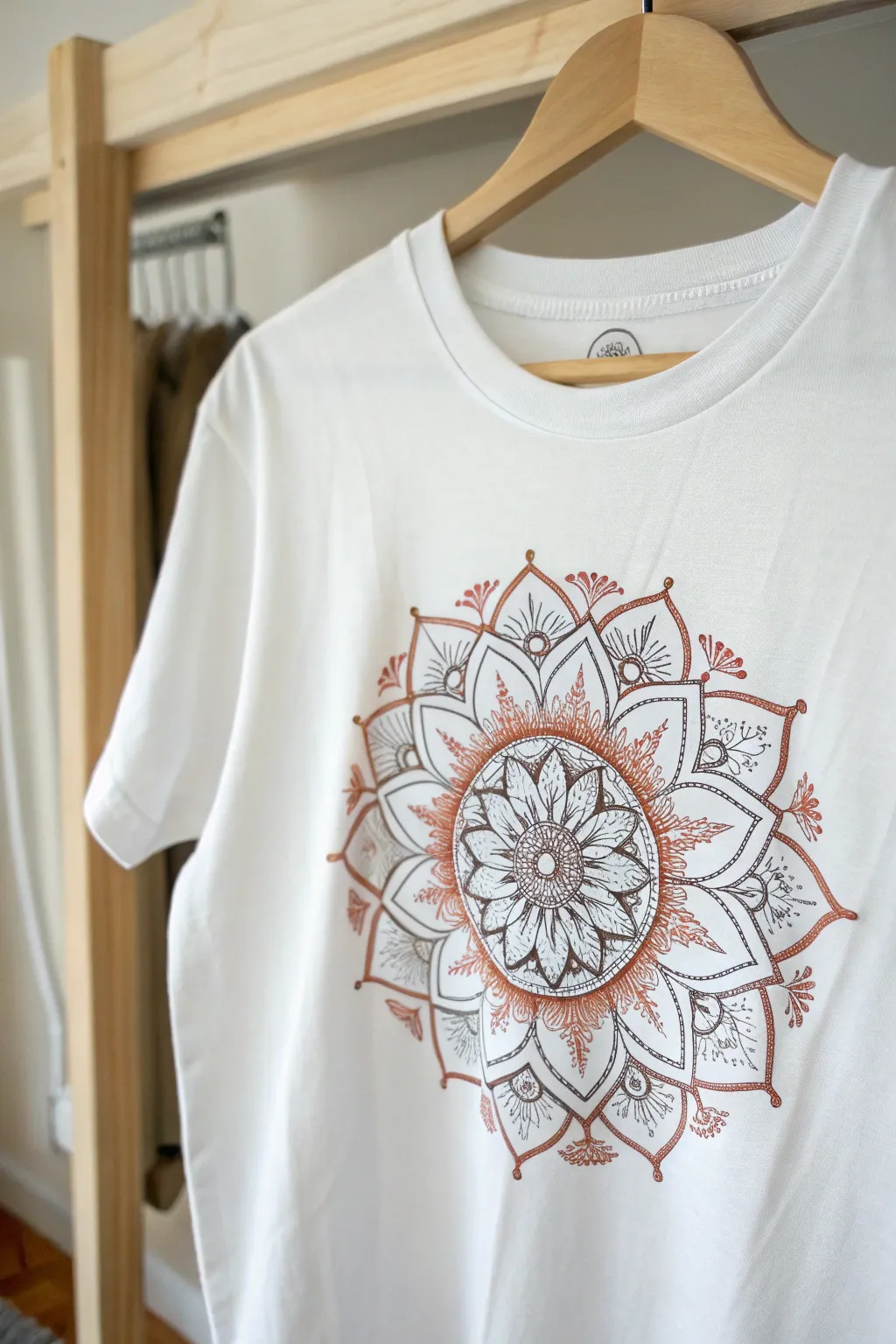 Half mandala chest art with fine dotwork lines, minimalist boho vibe and bold contrast.