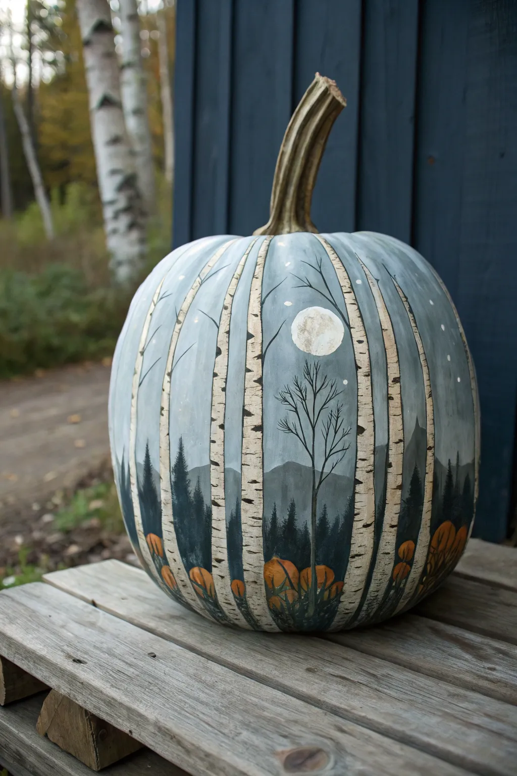 Tall pumpkin painted as a misty birch forest with a pale moon, bold and beautifully minimal.