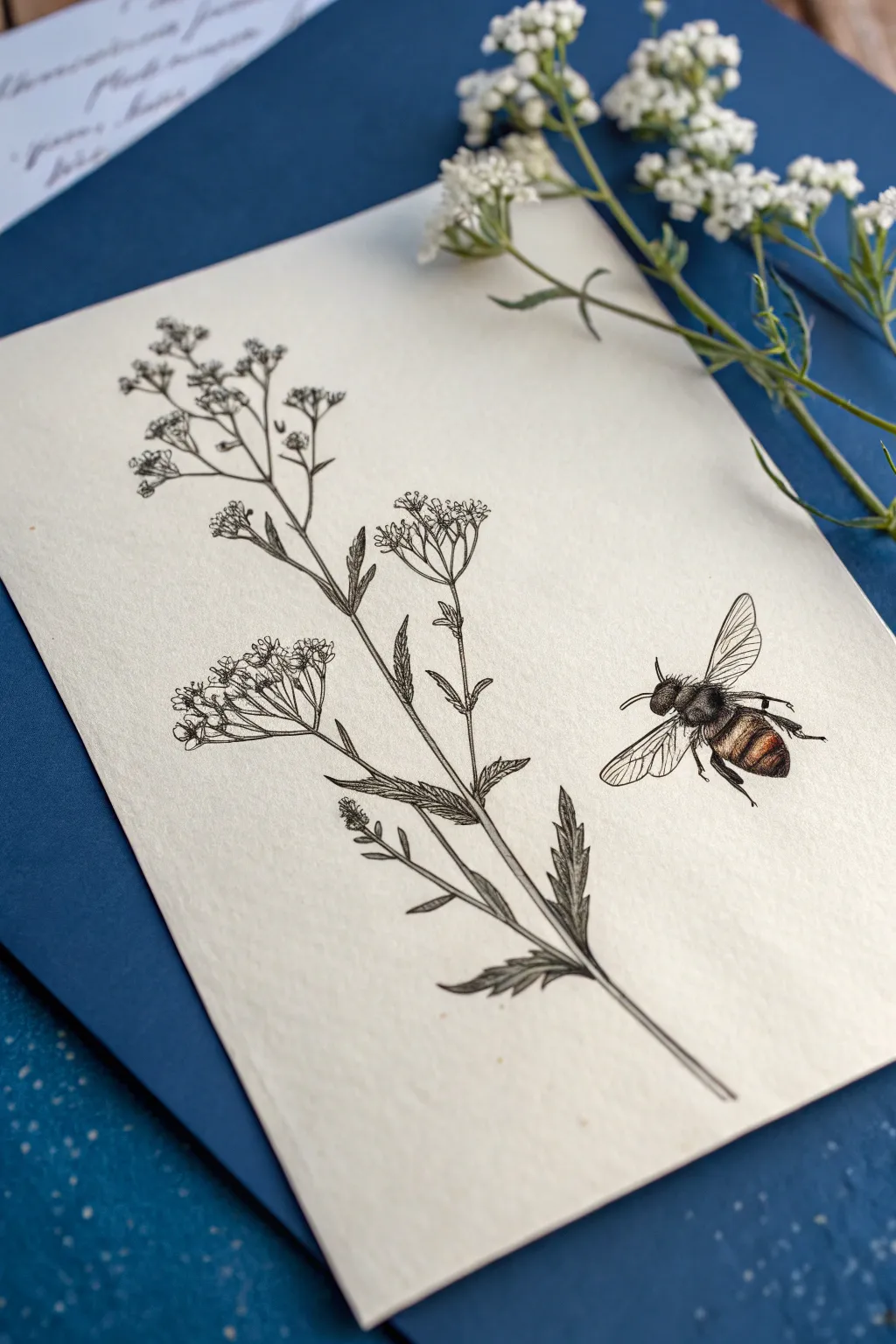 Minimal bee and wildflower stencil sketch with crisp lines and soft stipple shadow.