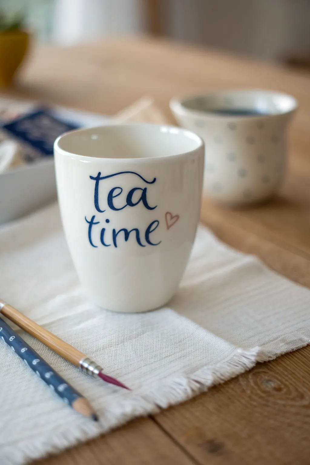 Paint a tea time quote in flowing script, with pencil guides for a polished minimalist finish.