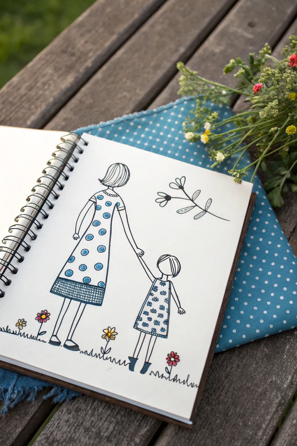 Button-head teacher and students line drawing idea in minimalist Scandinavian style with bold boho color