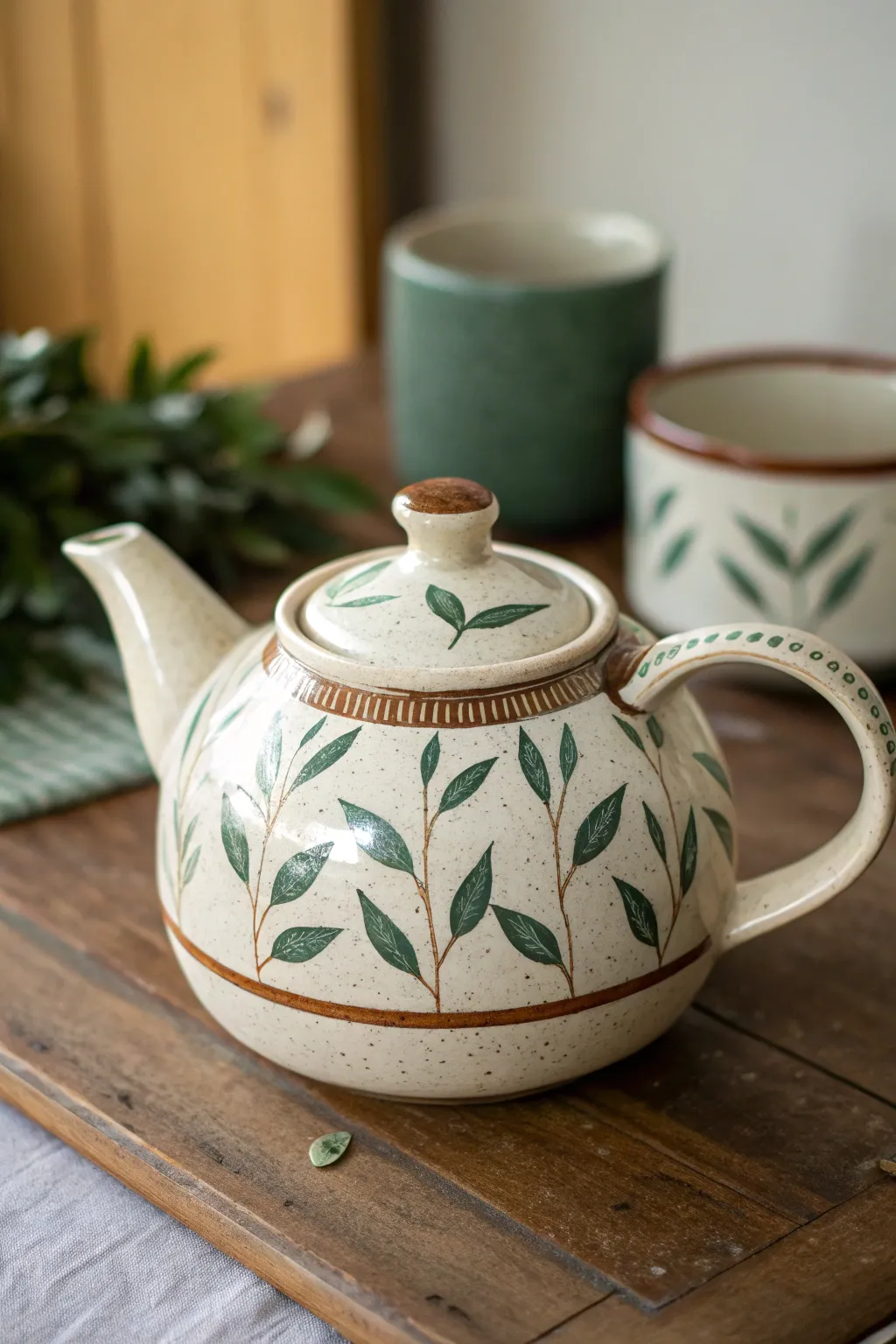 Minimalist teapot painting idea: repeating tea leaf pattern with a bold, cozy base band