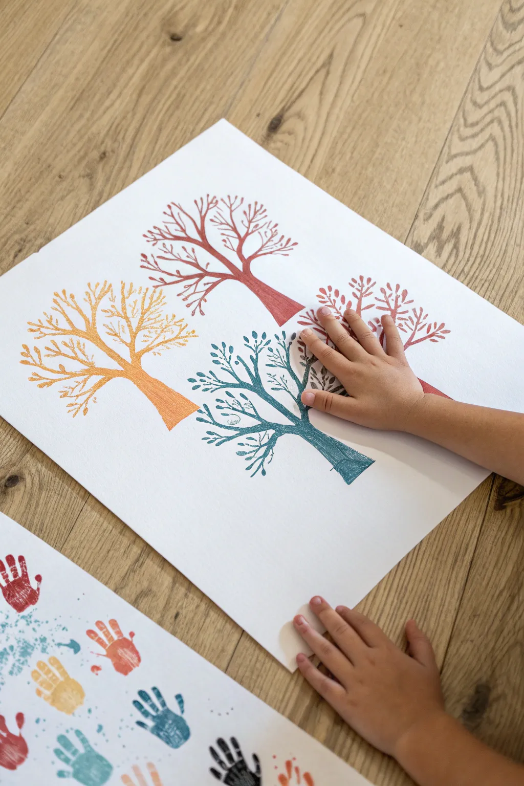Bright tempera handprints become simple creatures and trees on a clean, minimalist art sheet.