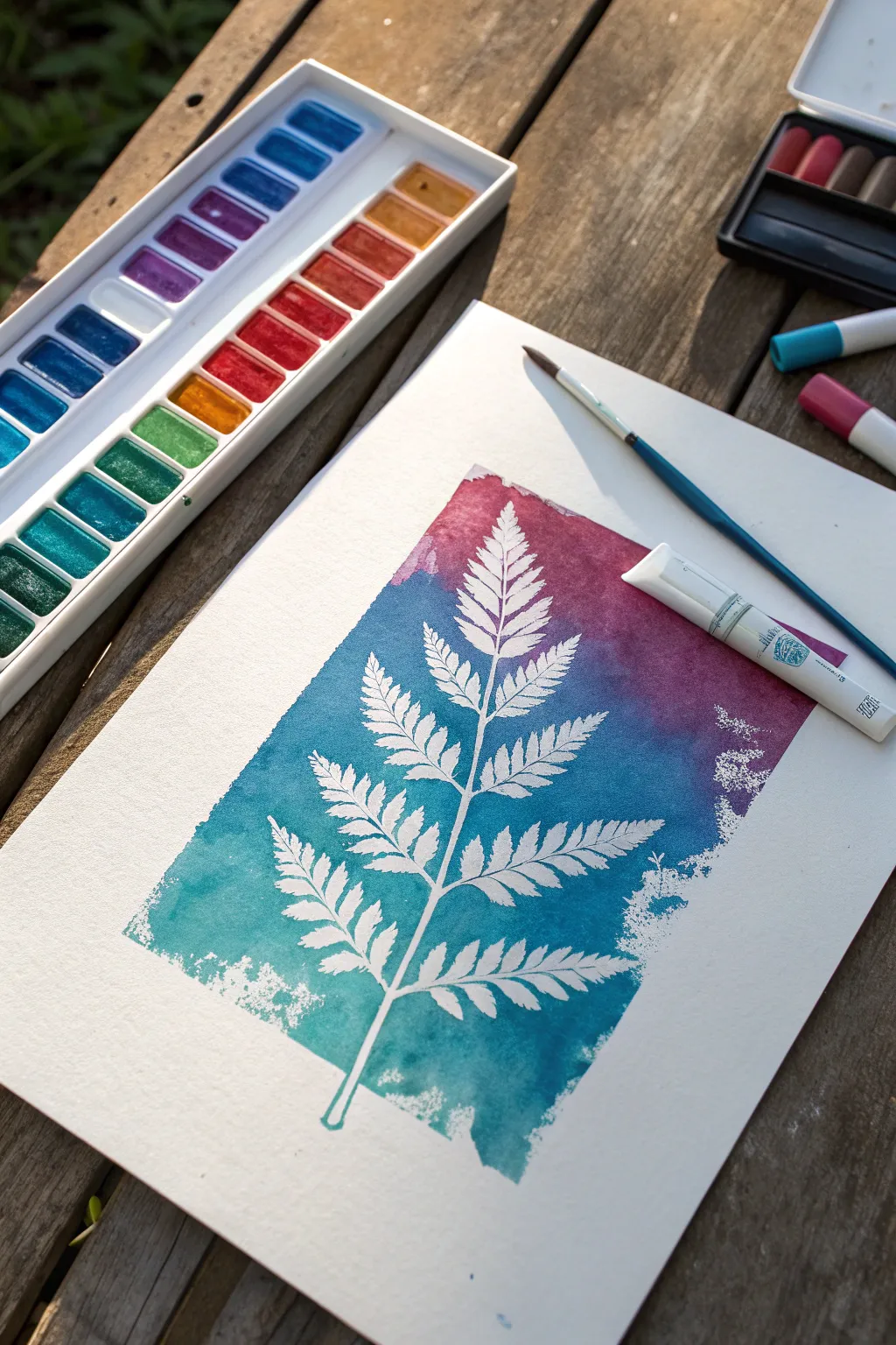 Bold tempera paint stick color fields with a crisp plant silhouette stencil for instant impact