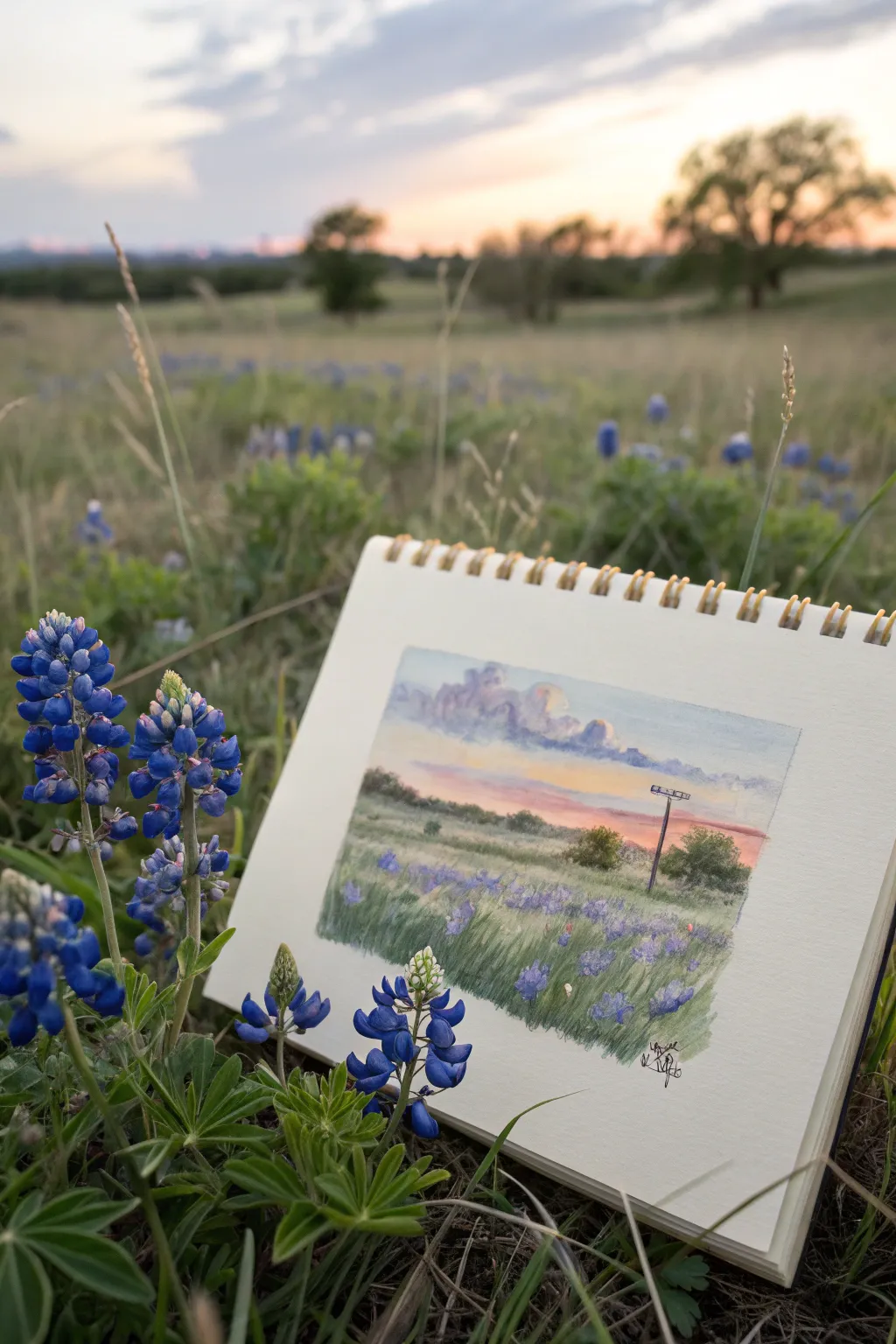 Bluebonnet field mini landscape sketch with bold contrast and calm Scandinavian boho vibes