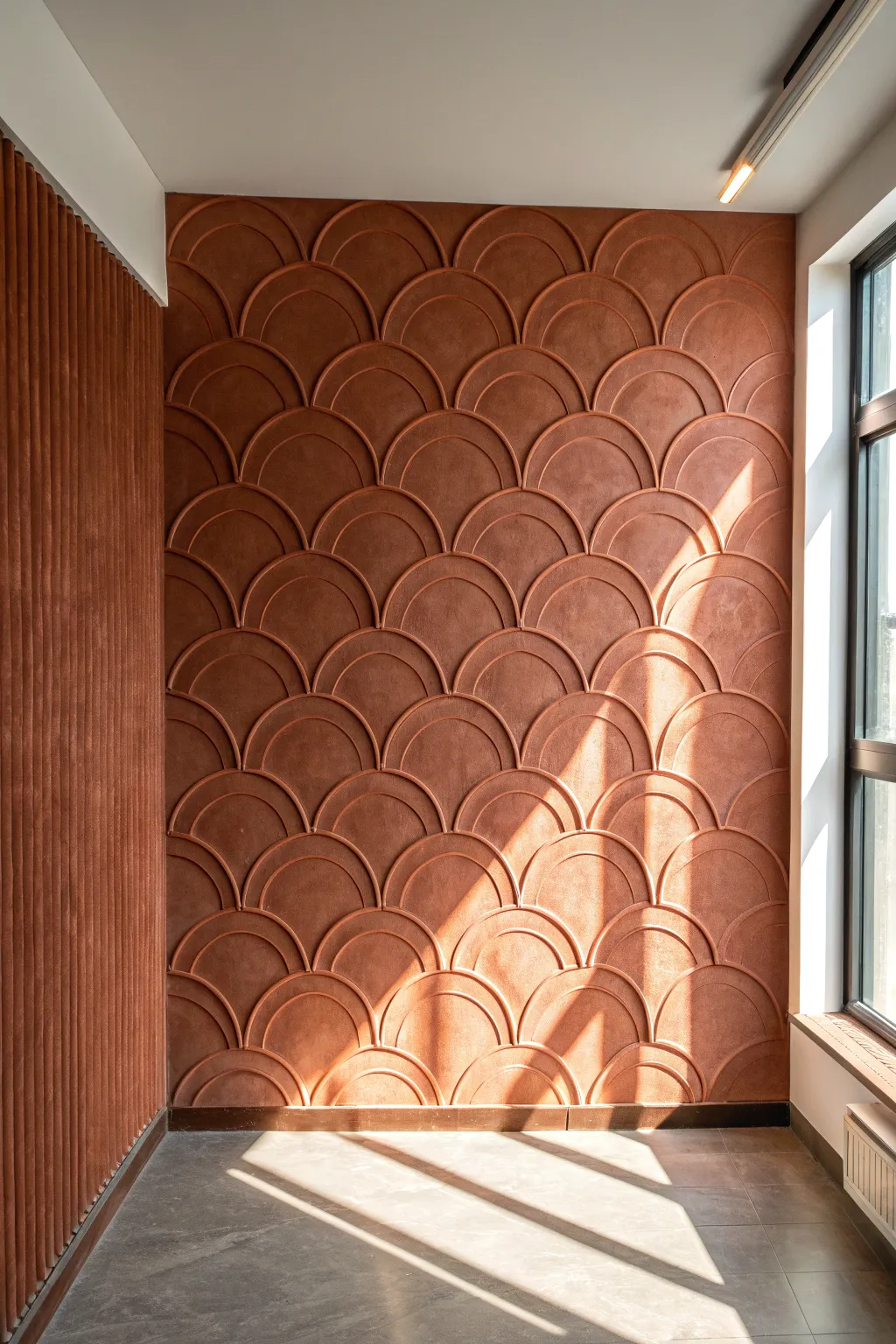 Raised stencil arches in tone-on-tone paint, revealed by side light for touchable texture.