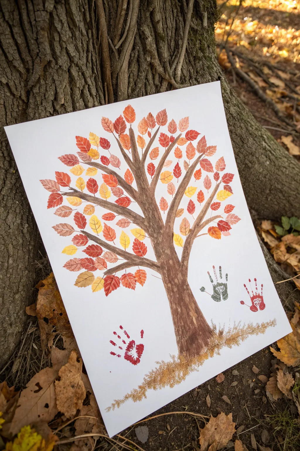 Fingerprint leaf Thanksgiving tree: bold autumn colors on clean white paper, simple and cozy