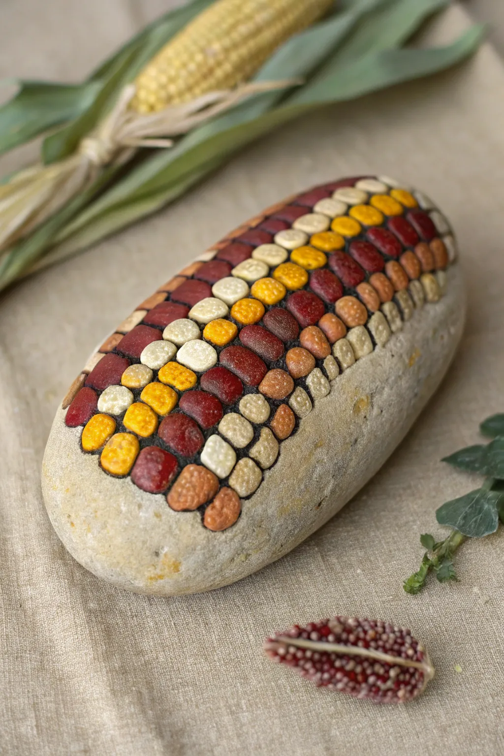 Indian corn painted rock with bold autumn kernels, Scandinavian-boho Thanksgiving craft inspo
