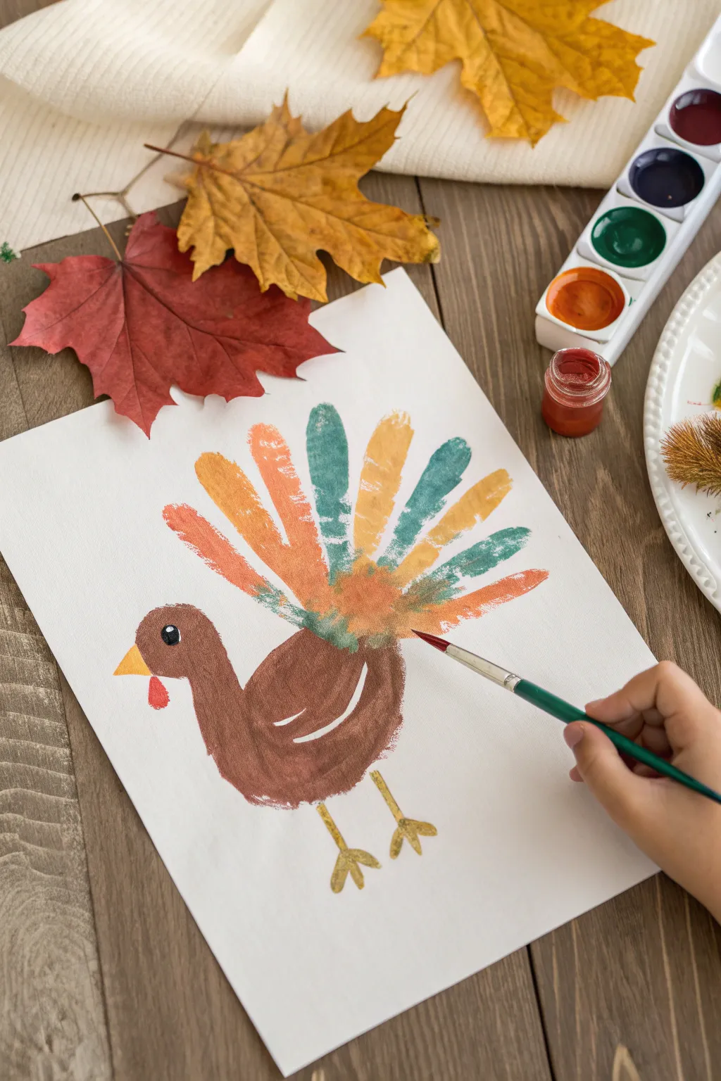 Minimalist boho handprint turkey keepsake with bold fall colors, perfect for easy Thanksgiving art