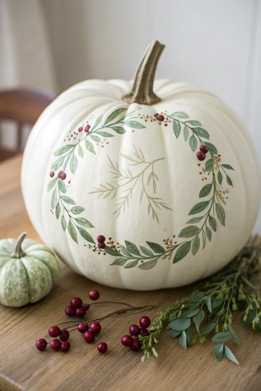 Minimal ivory pumpkin with eucalyptus and berry wreath for a chic Scandinavian Thanksgiving