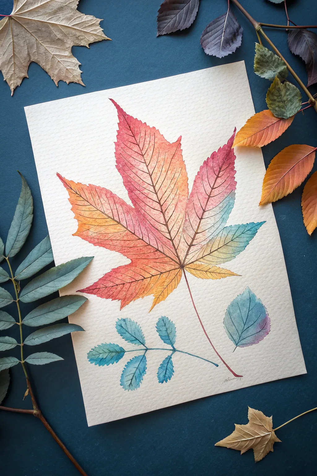 Thermal botanical leaves as glowing heat maps on deep indigo for a bold minimalist look