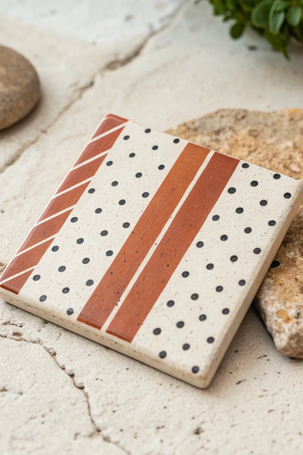 Minimal stripe-and-dot tile design with bold contrast, calming Scandinavian simplicity.