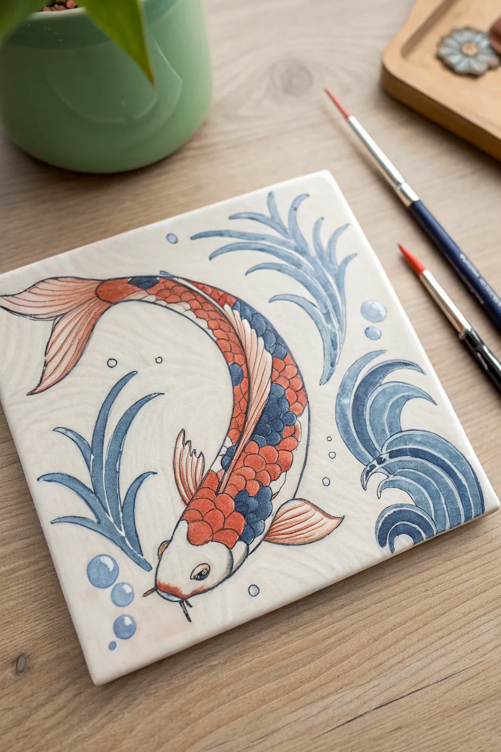 Hand-painted koi tile with a bold coral pop, Nordic minimalism, and a soft boho studio feel.