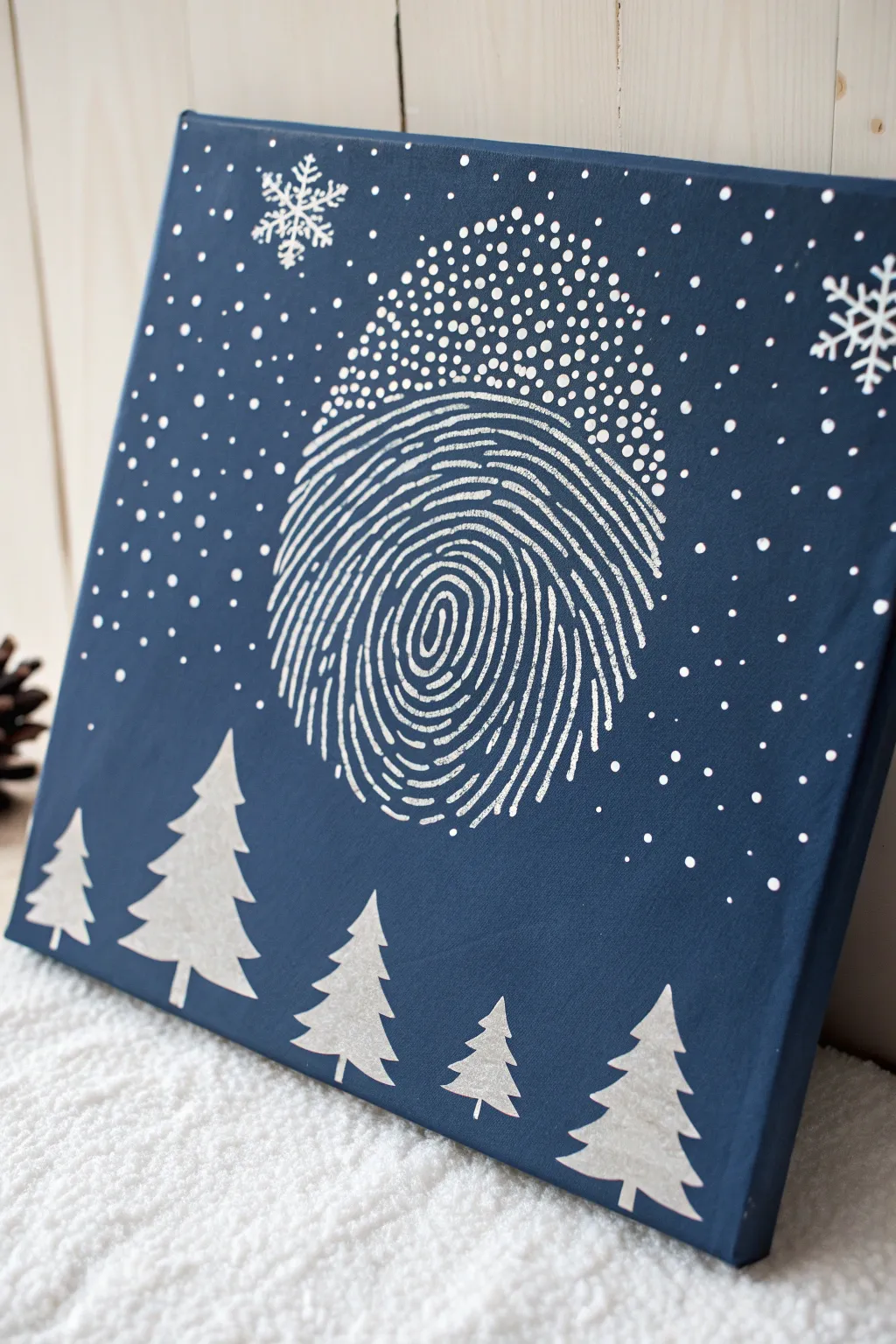 Minimal snowy night fingerprint canvas idea with bold contrast and a simple tree line.