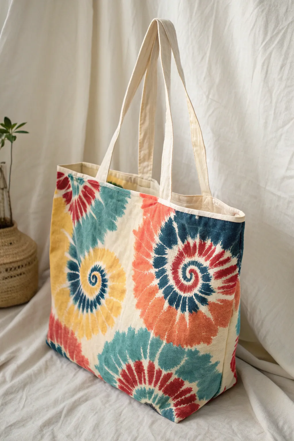 Faux tie-dye sponge swirls on a minimalist tote, bold color pops with clean Scandi vibes.