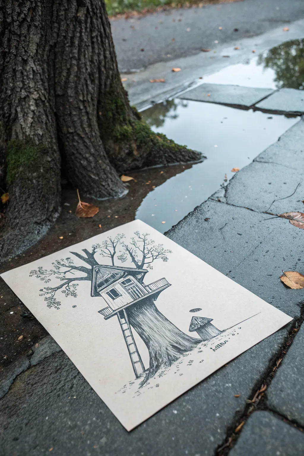 Cozy rainy-day tree house sketch with slanted roof, raindrop streaks, and puddle details.
