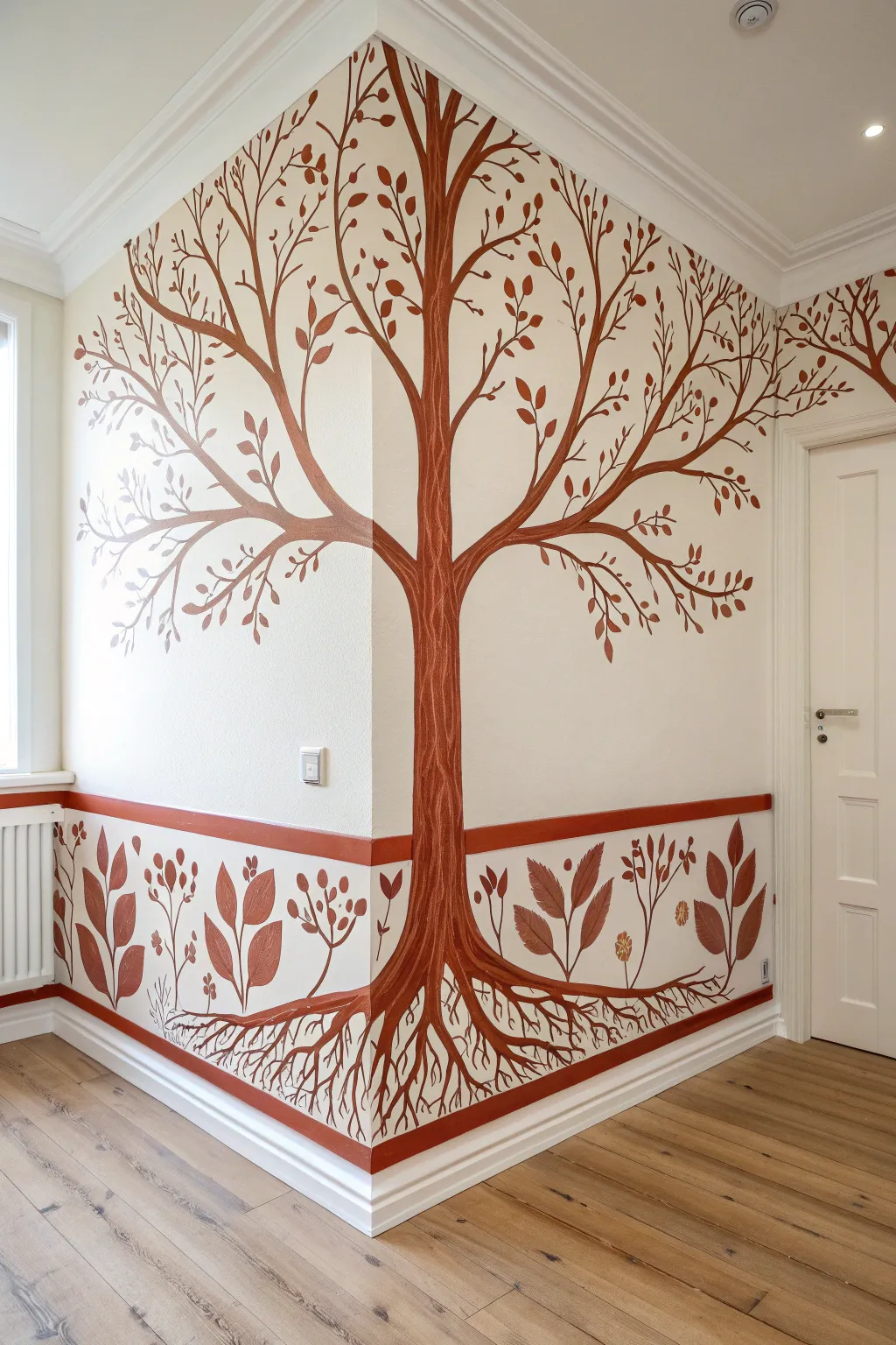 Minimal tree mural with delicate roots along the baseboard, a quiet detail that stuns up close