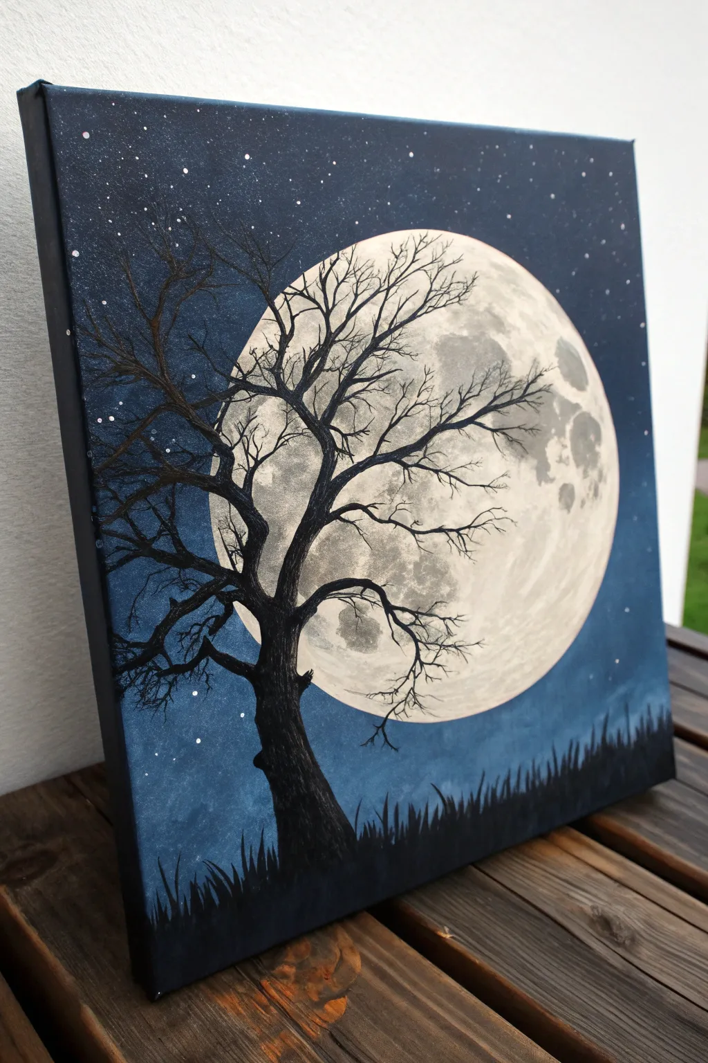 Giant pale moon with a bold tree silhouette overlap, minimalist Nordic boho contrast painting idea