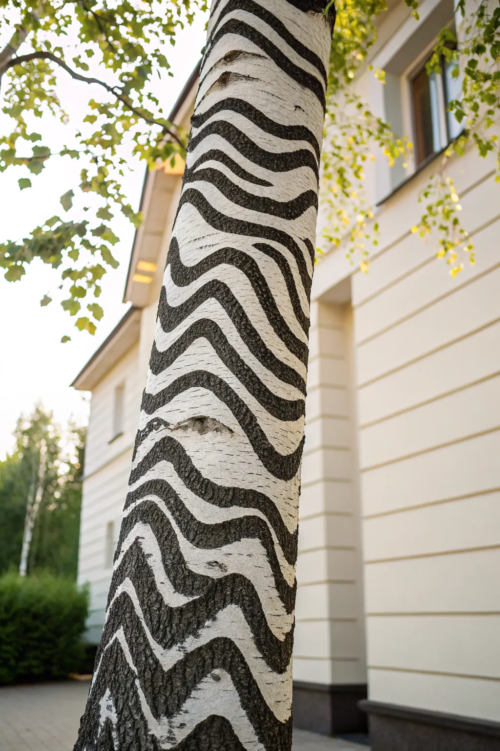 Black-and-white wavy lines on a tree trunk for a bold optical illusion with modern Nordic flair