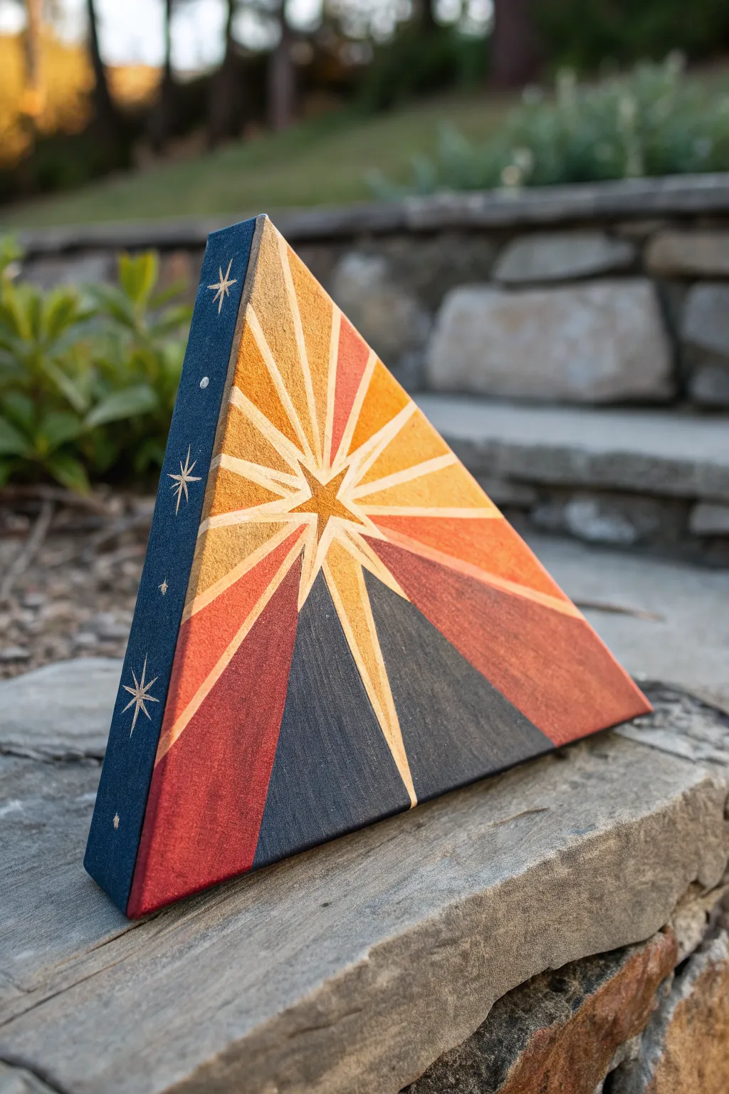 Create a glowing starburst triangle canvas with radiant rays and a moody dark base