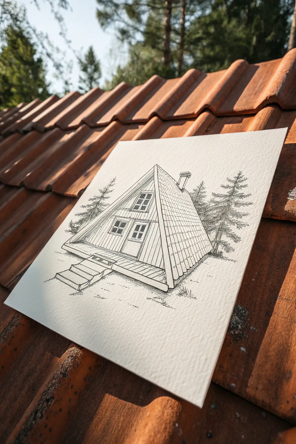 Cozy cabin sketch with a bold triangle roofline, tiny windows, and an inviting path forward.