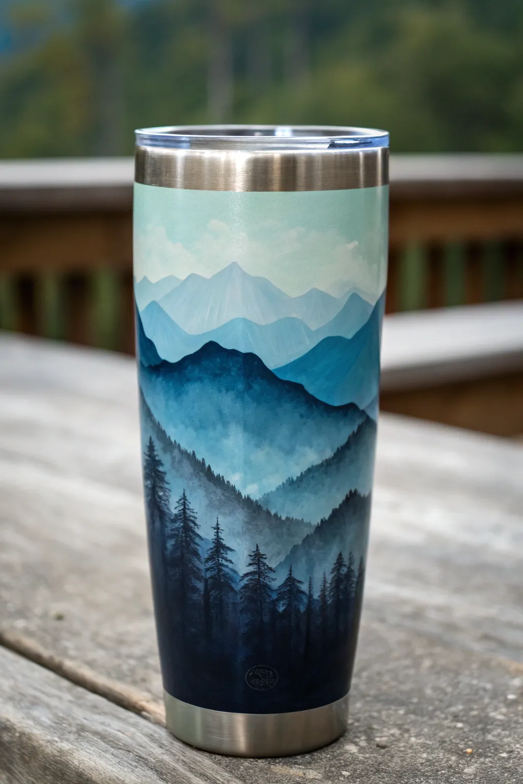 Layered mountain wrap with misty depth and bold peaks, a minimalist boho tumbler to paint.