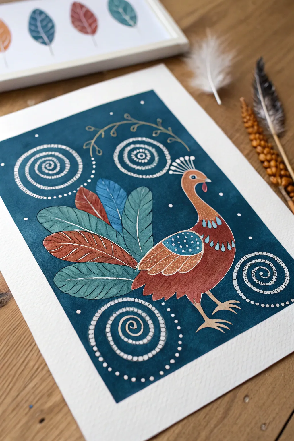 Bold turkey painting with white polka dots and spirals on a deep navy backdrop, Pinterest-ready