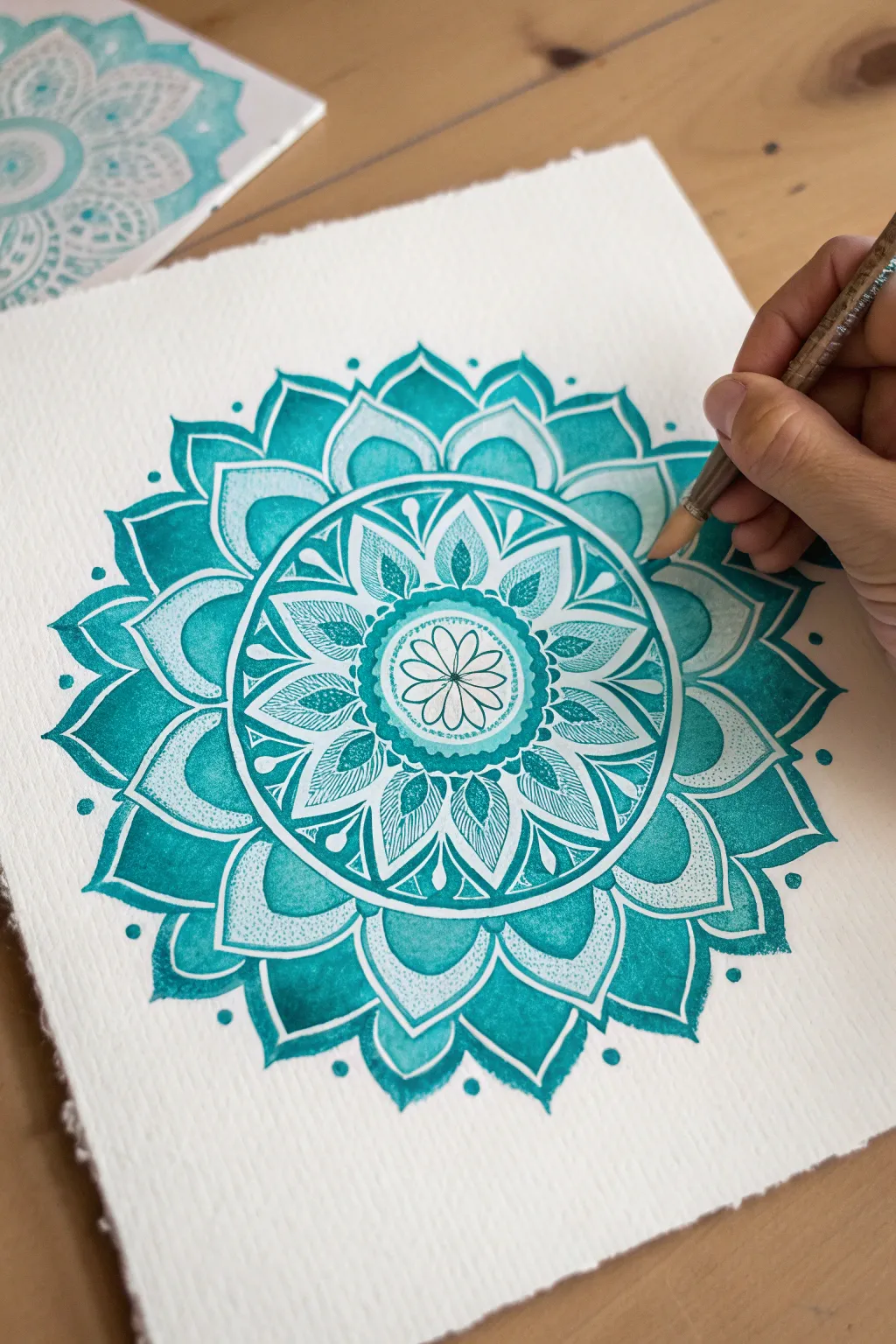 Turquoise mandala calm symmetry in bold teal and white, minimalist boho inspiration for painters