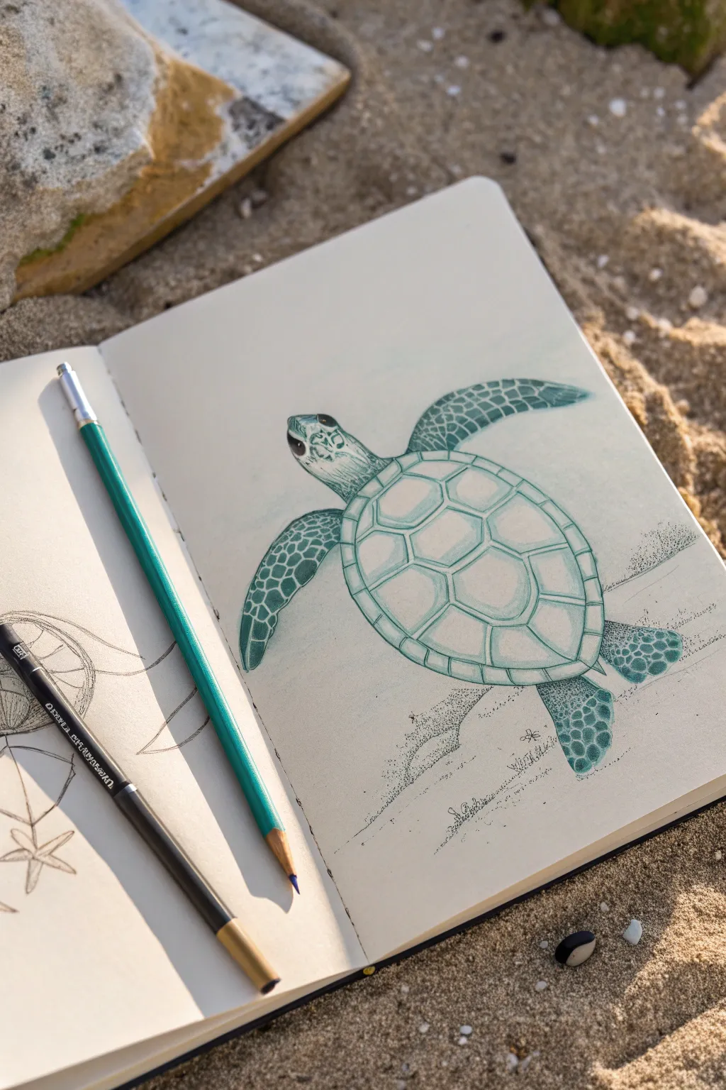 Turtle sketch made easy: construction lines on one side, finished outline on the other.
