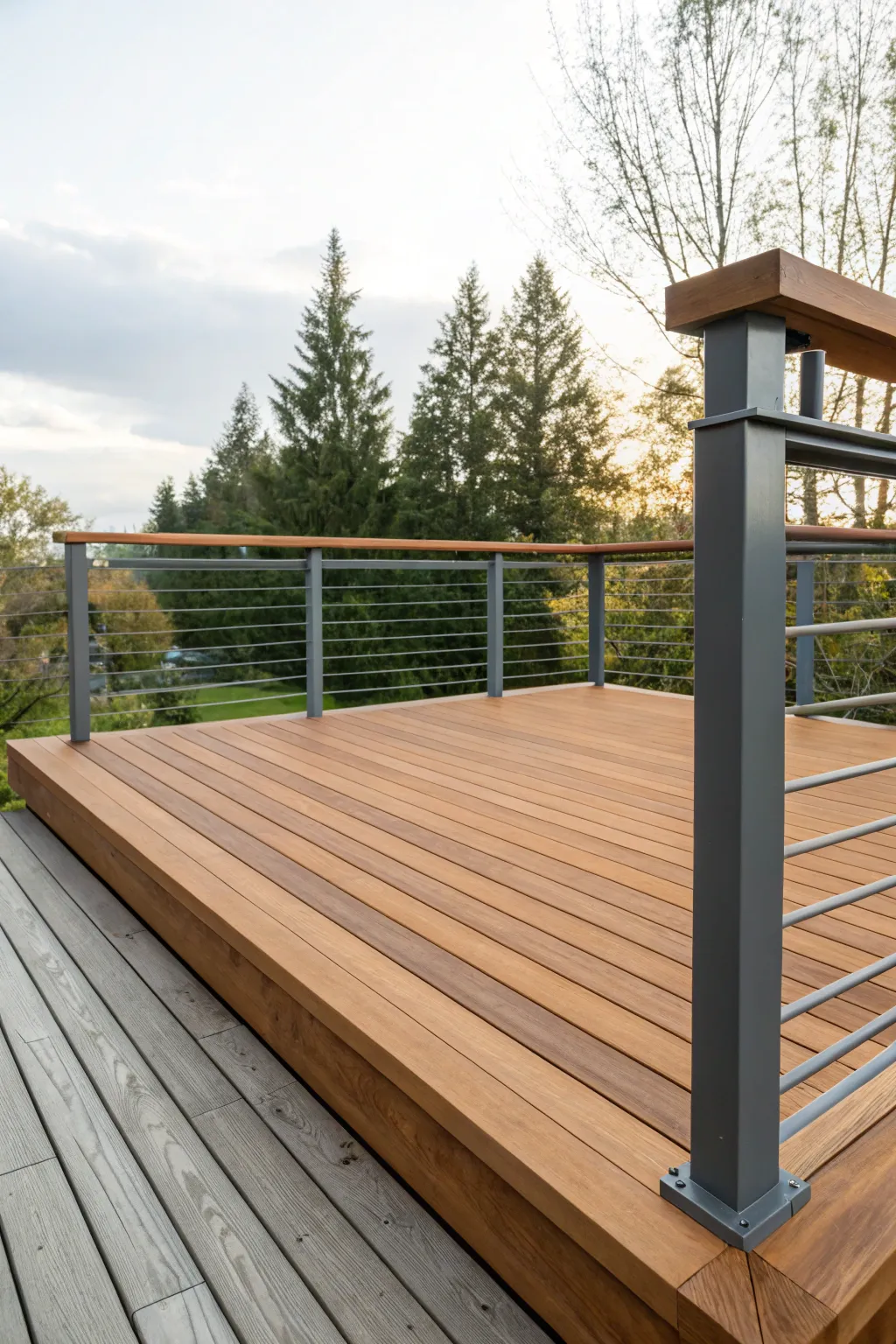 Warm cedar-like honey brown paired with cool gray for a striking two tone deck look