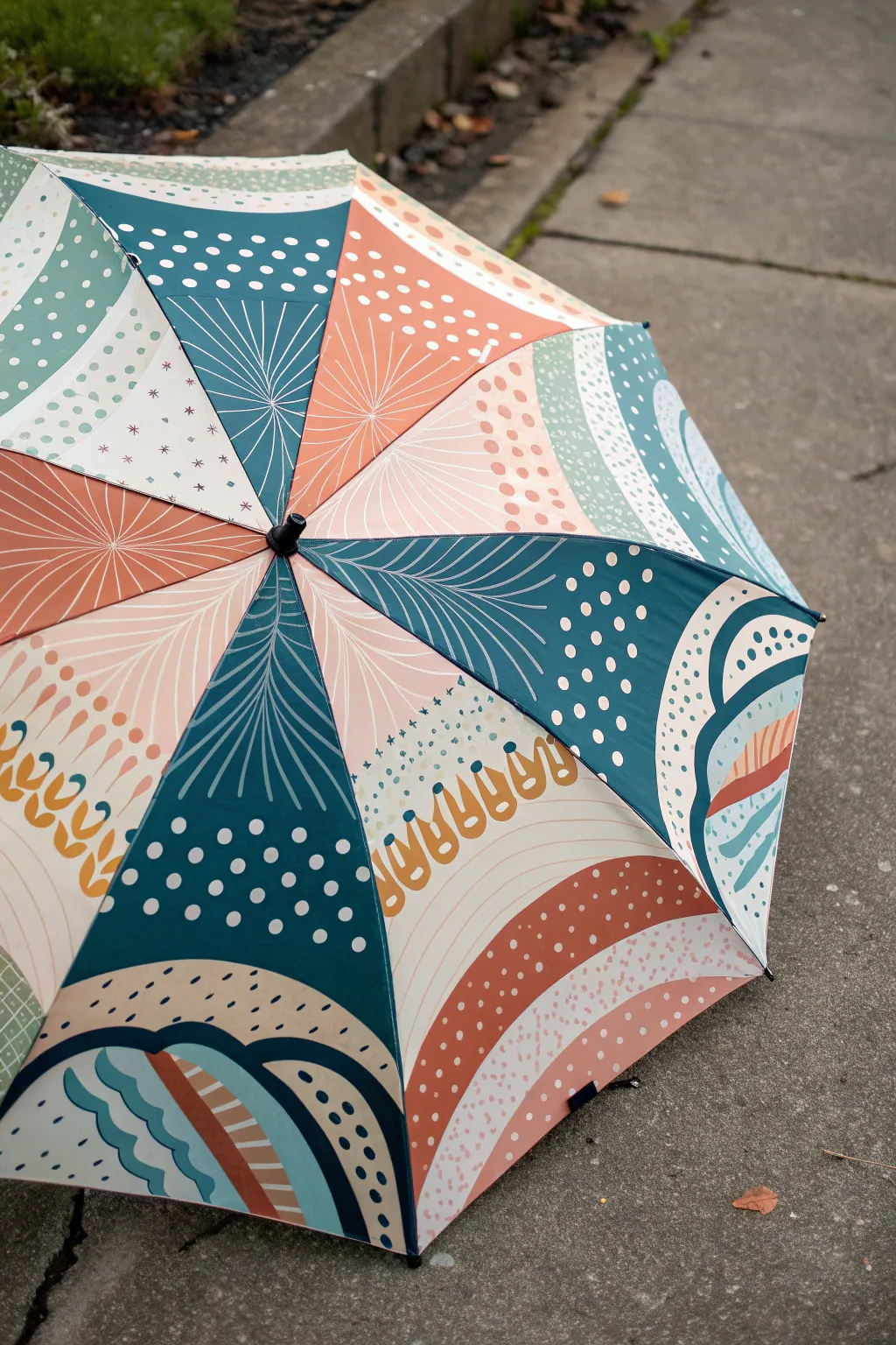 One pattern per panel: a bold, hand-painted umbrella flat-lay in modern boho color pops.