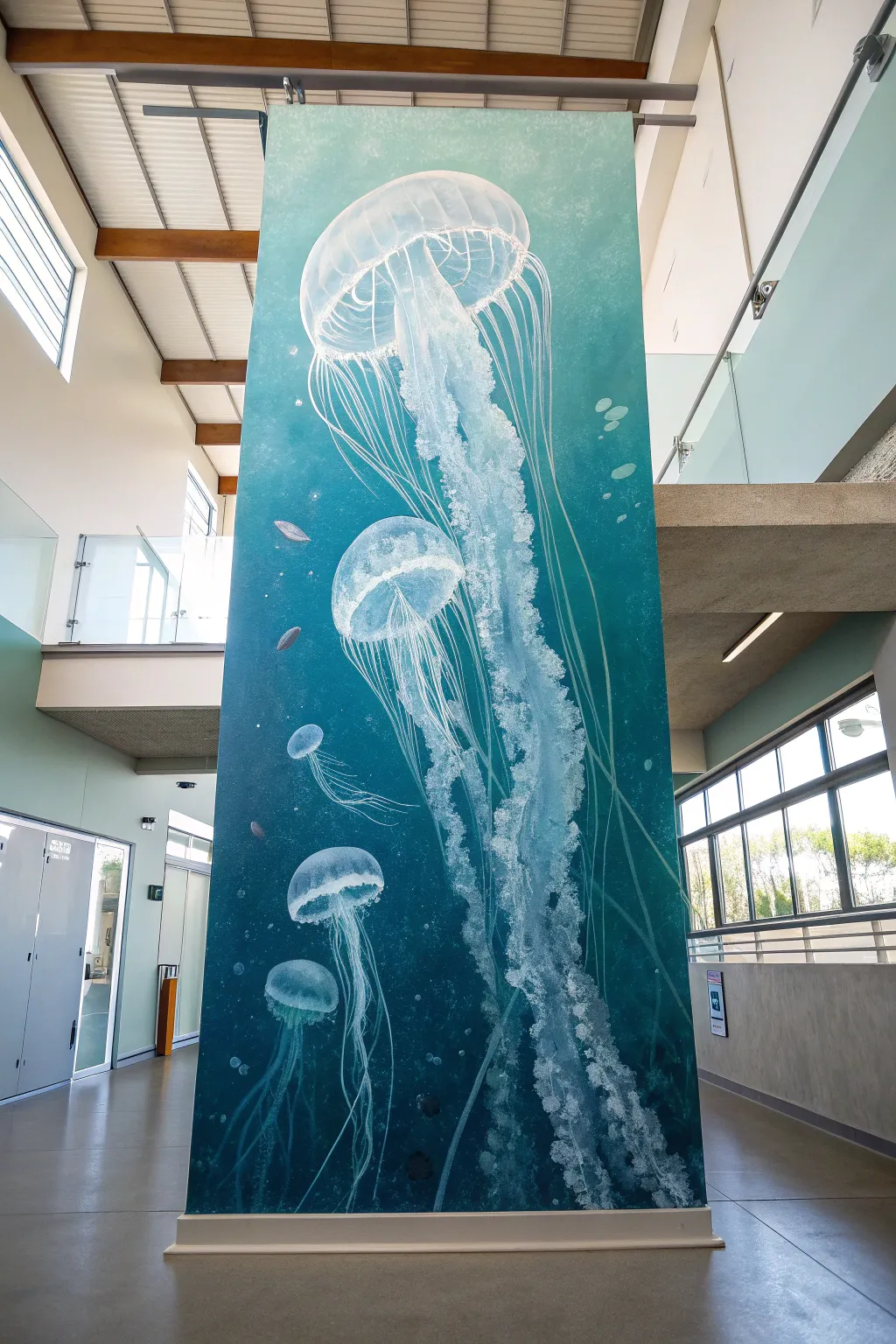 Transparent jellyfish layers glowing from aqua to teal for a calm, bold underwater mural.