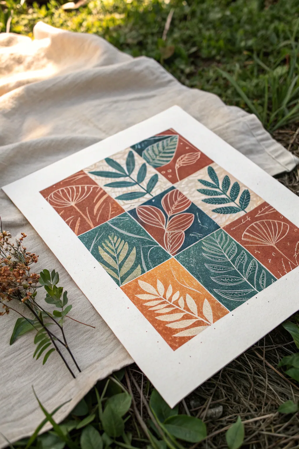 Layered gel-printed textures with bold botanical silhouettes for a modern minimalist abstract