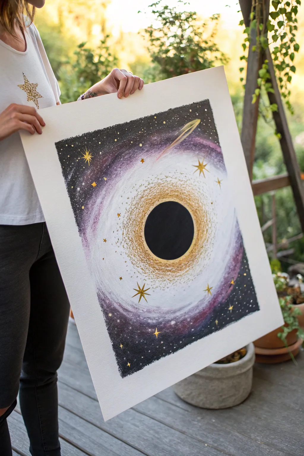 Paint a dramatic black hole with a glowing white to gold to violet ring and sweeping cosmic motion.