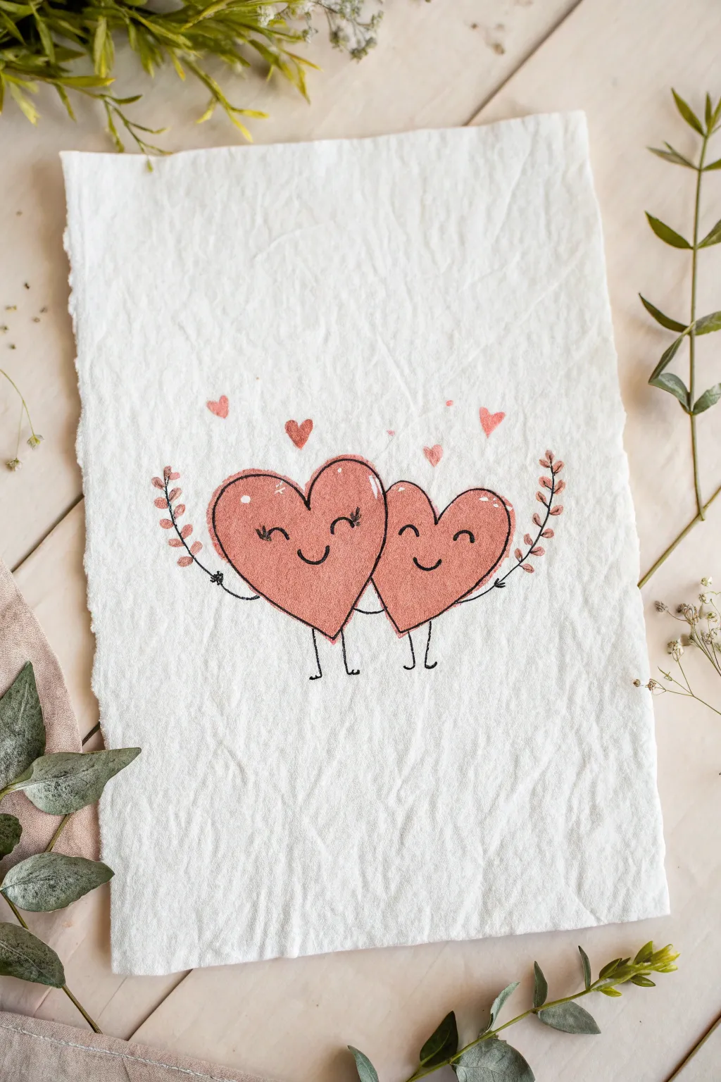 Minimalist heart characters hugging in bold warm pinks, a cute Valentines day drawing idea