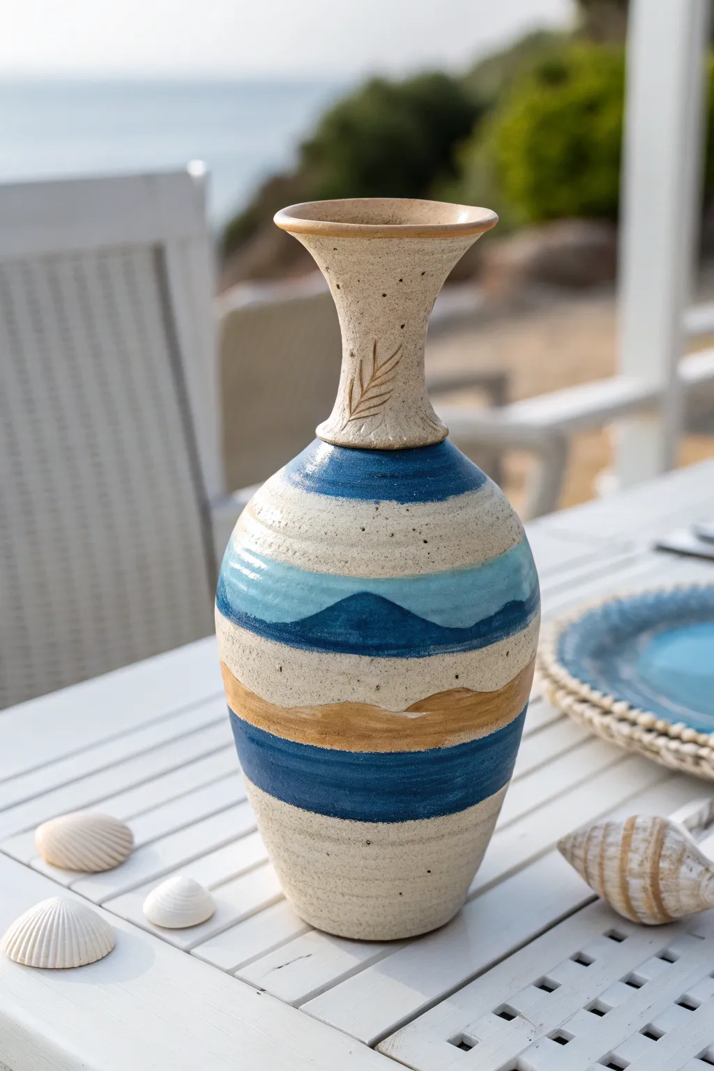 Capture the calm of the sea with this dreamy and simple coastal horizon vase painting idea.