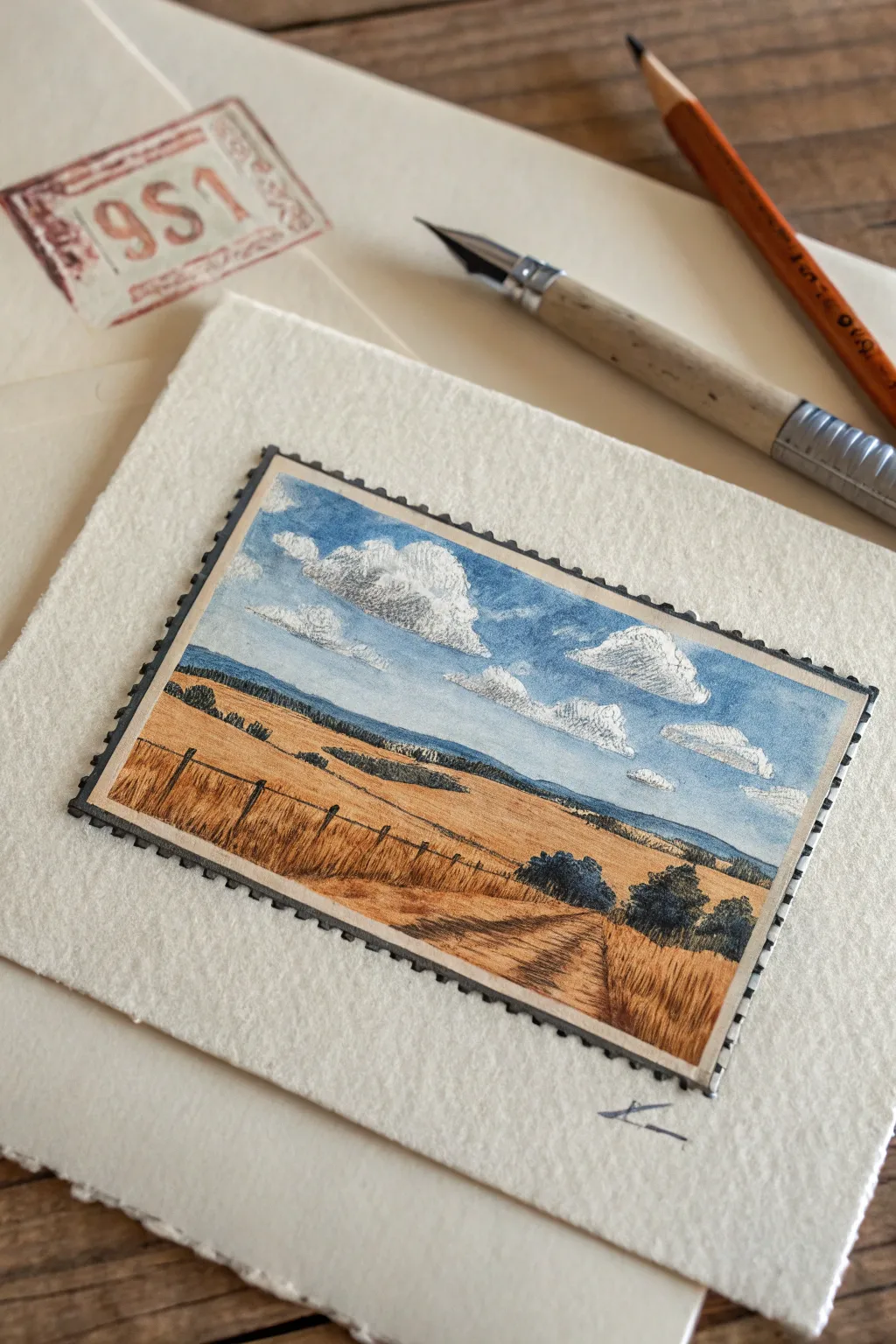 Vintage postcard sketch with stamp-frame charm, minimalist boho palette and worn paper edges.