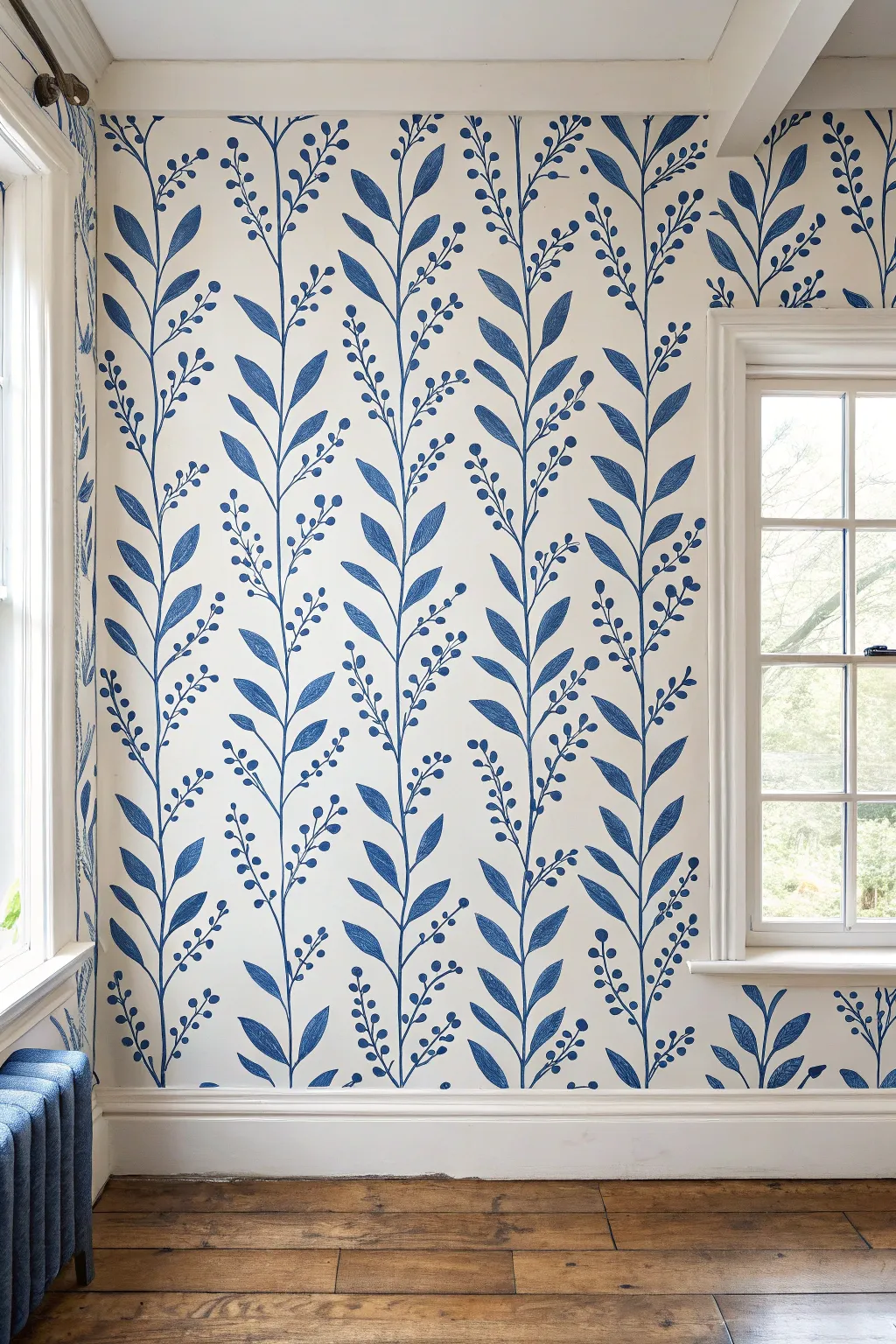 Hand-painted repeating motif mural for a cozy powder room, minimal yet bold and artisanal.