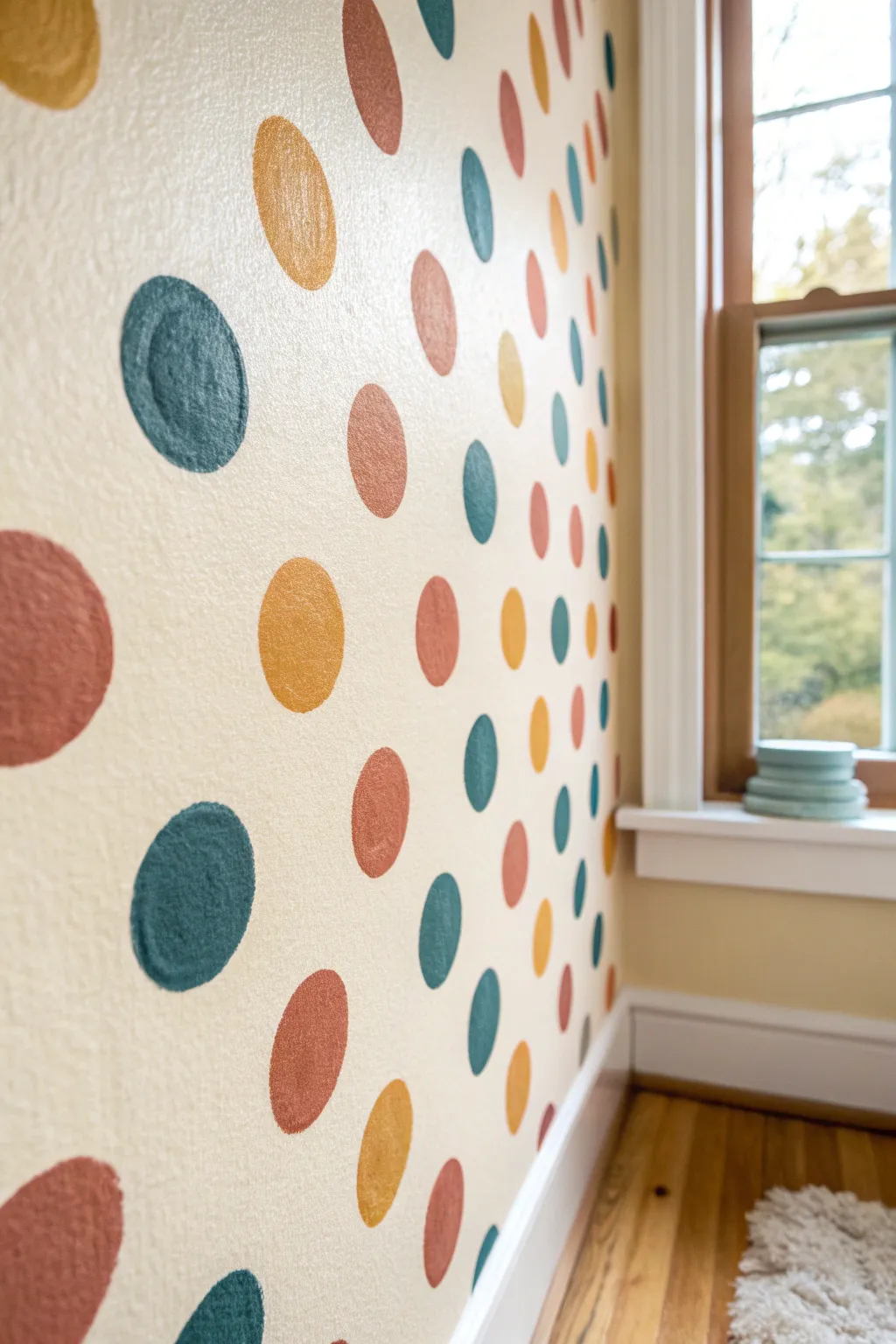 Hand-painted polka dots with visible brush texture for a playful, charming wall moment