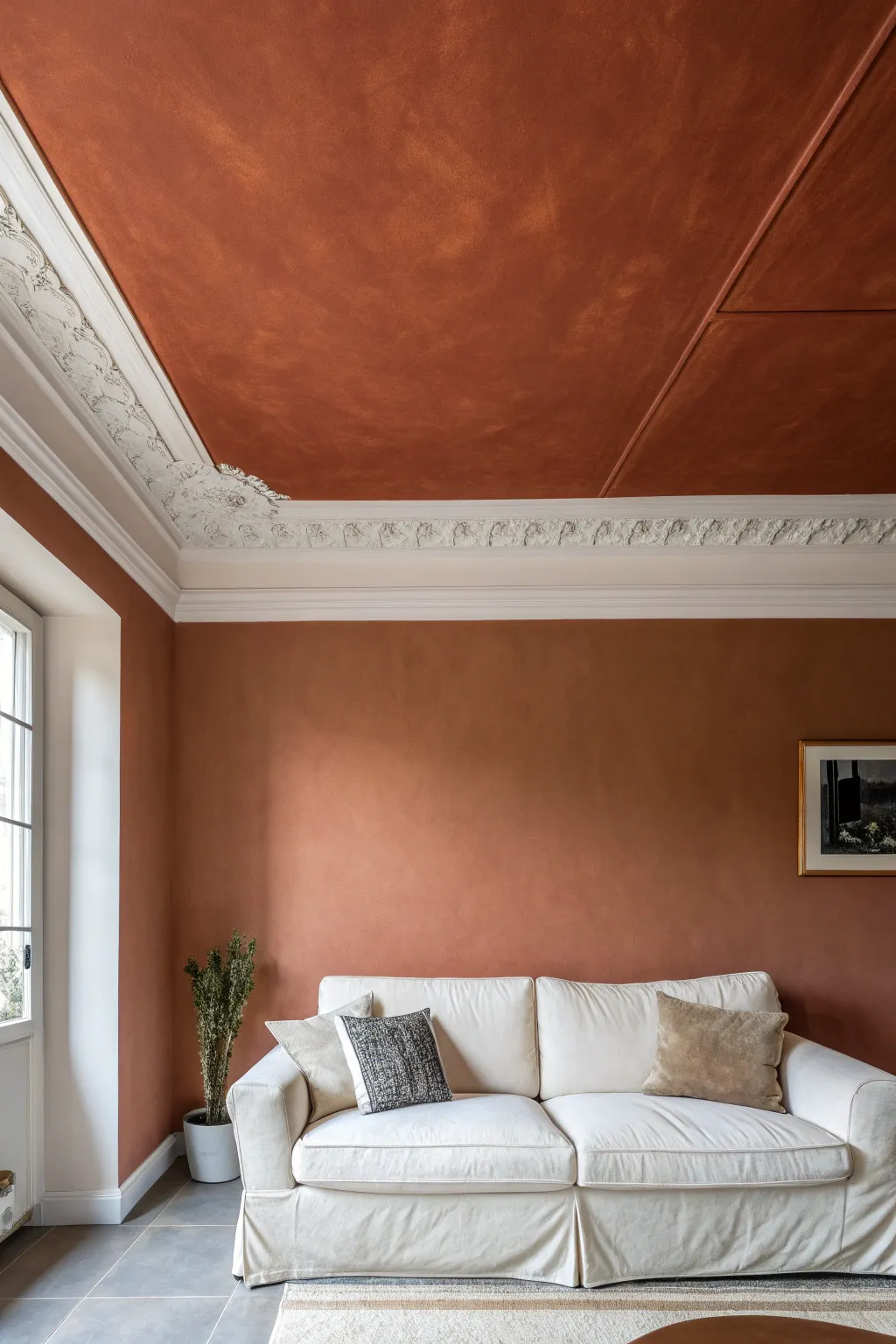Cozy color wrap: ceiling a shade deeper than walls for a calm, curated living room.