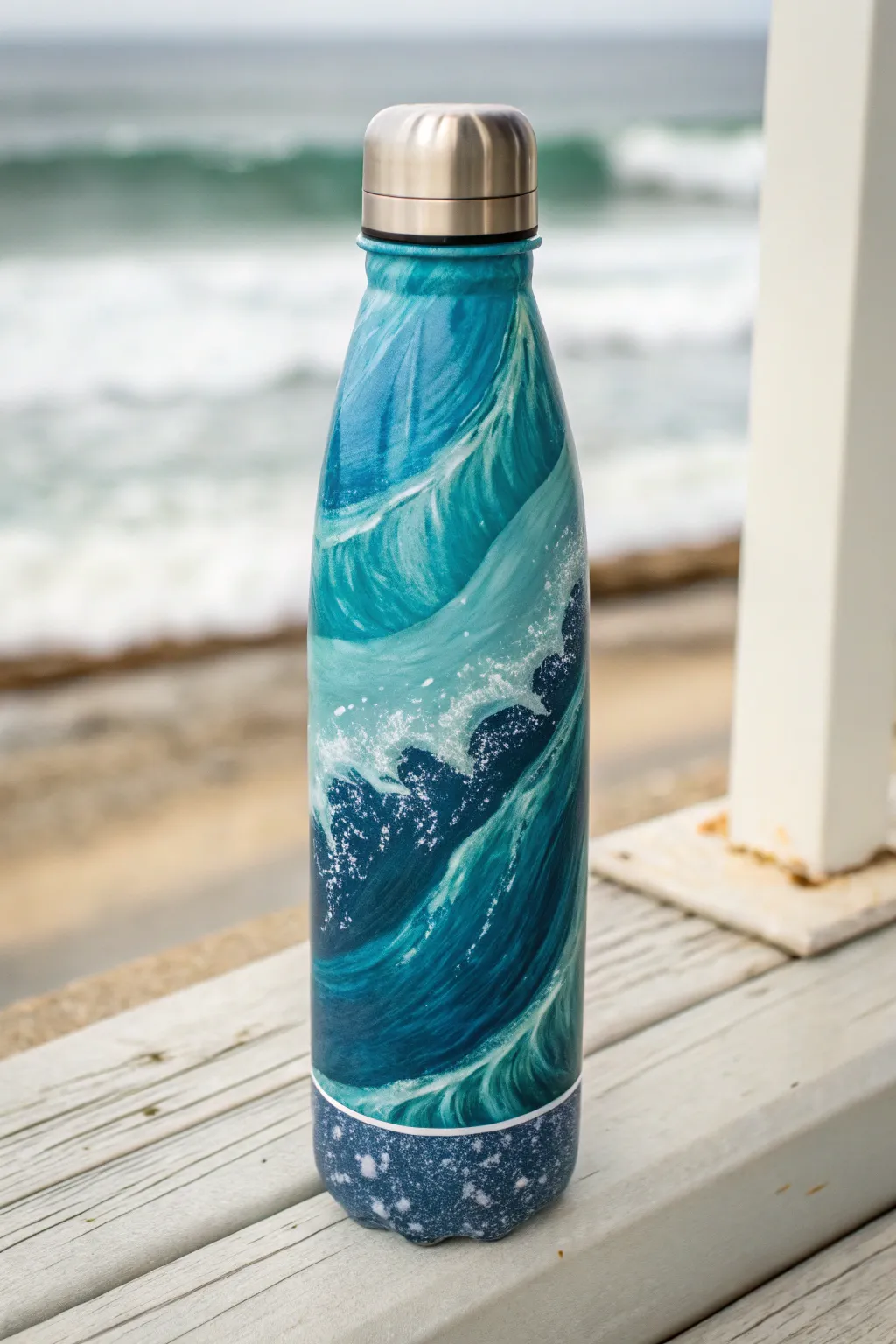 Ocean-wave painted water bottle with crisp teal layers and soft white seafoam highlights