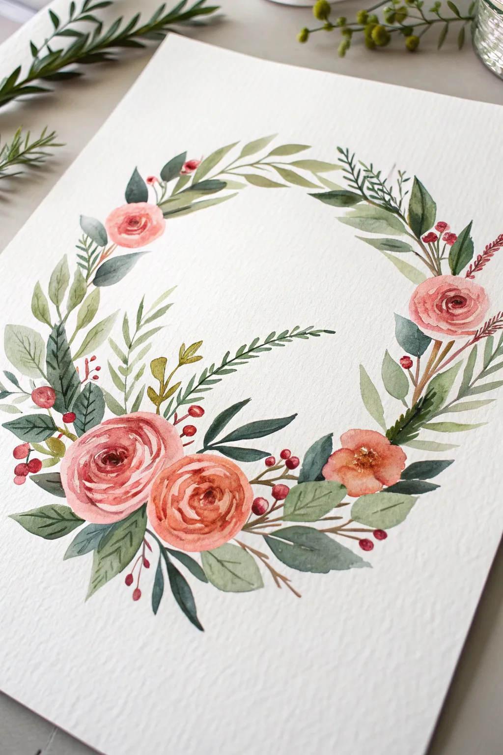 Leafy C-shaped watercolor wreath with roses, berries, and bold greens, perfect for clean center space
