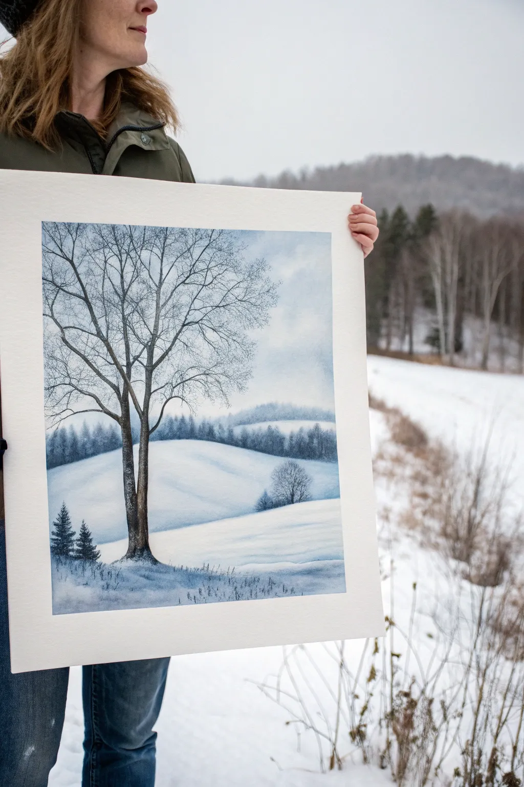 Minimal winter watercolor: snowy hill in negative space with soft blue shadows and bare trees.