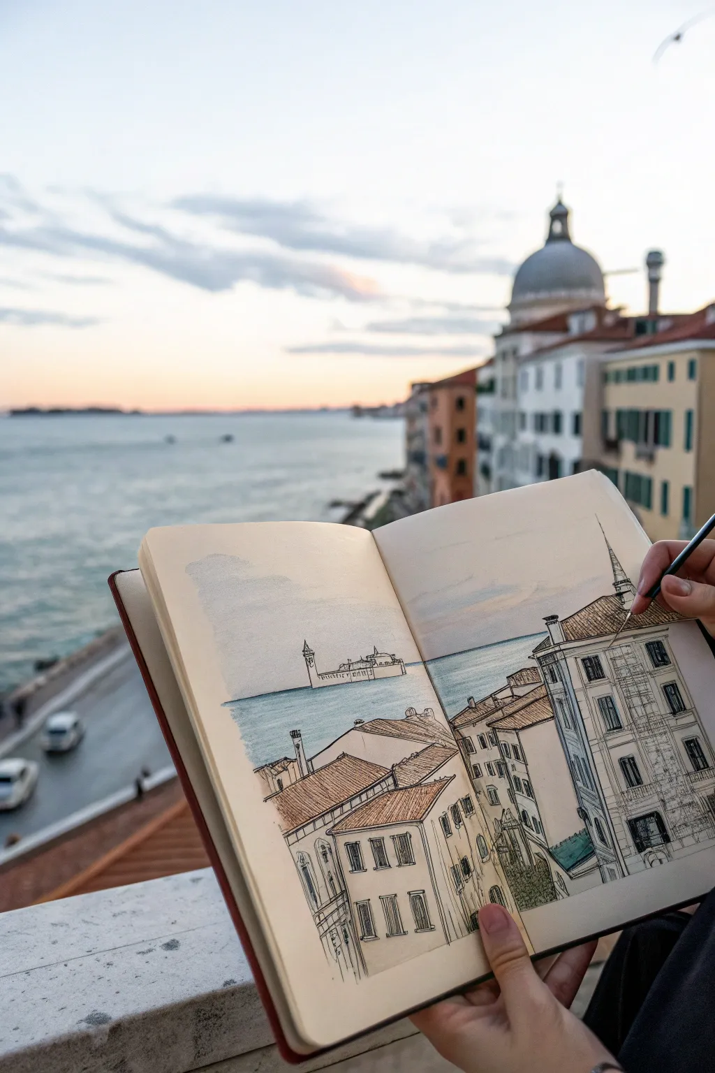 Line and wash city window view in a sketchbook, minimal ink lines with a soft sky wash
