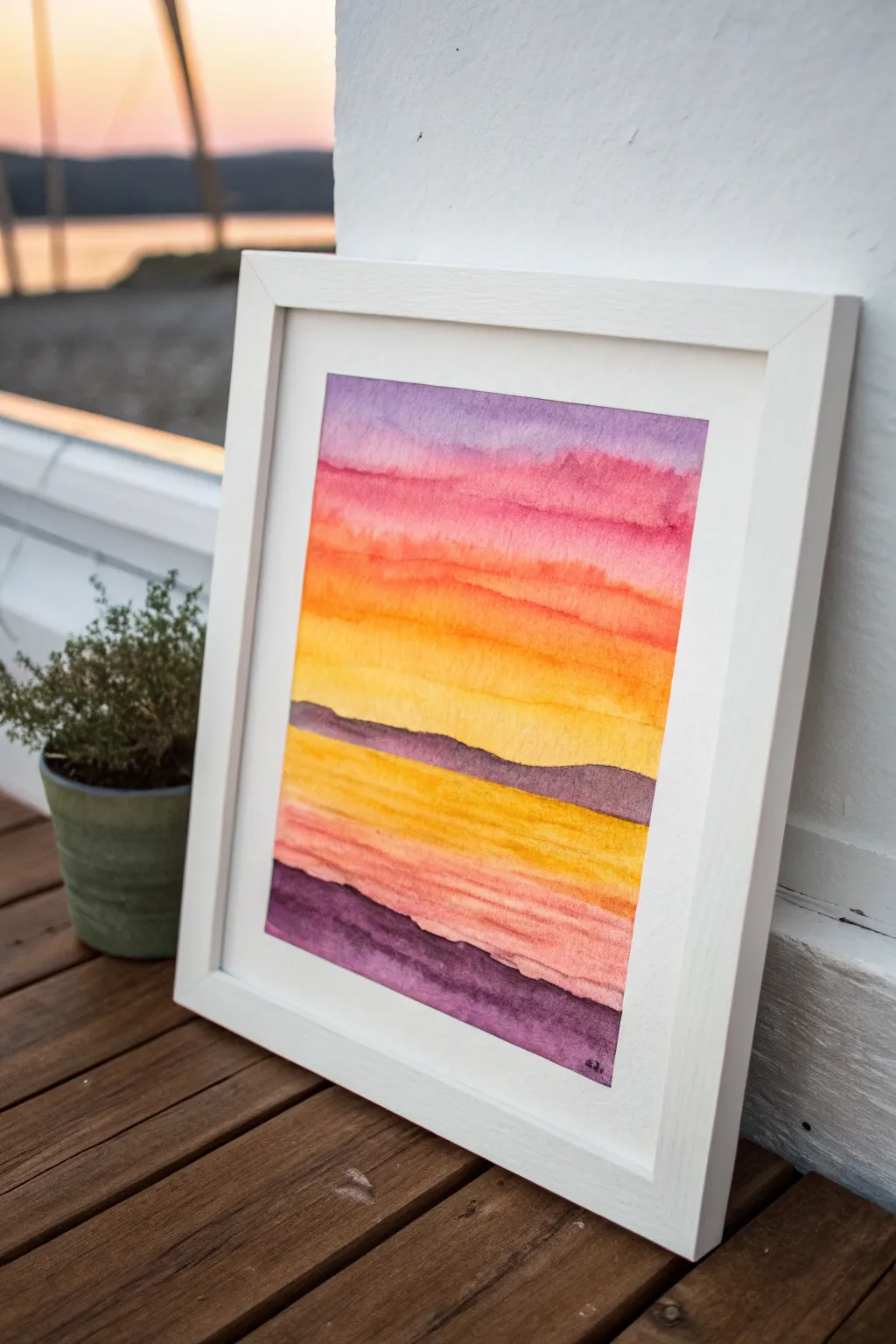 Watercolor sunset bands made simple: bold stripes, soft blends, and a crisp silhouette horizon.